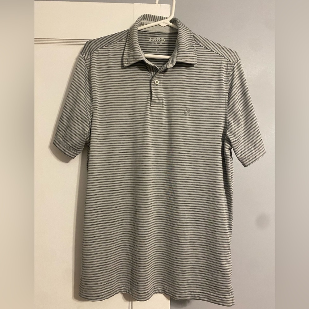 IZOD Mens Small Golf Polo Shirt Gray Dark Gray Stripe Fast Dry Short Sleeve